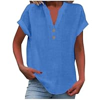 Chemise Femme Coton Lin Chemisier Élégant Col pour Henley Couleur Uni Tee Shirt Été Haut Top Respirant T-Shirts Grande Taille Tunique Blouse