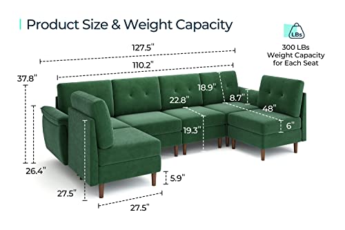 Linsy Home Modular Sectional Sofa, Velvet Sectional Sofa Couch With Memory Foam, U Shape 6 Seat Modular Sectionals, Sleeper Sofa Couches With Chaise For Living Room, Green #TOP1