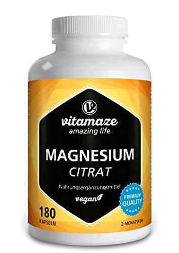 Vitamaze® Citrato di Magnesio Capsule Alto Dosaggio, 2250 mg di cui 360 mg di Magnesio Elementare Puro al Giorno, 180 Capsule Vegane per 2 Mesi, Naturale Integratore senza Additivi non Necessari