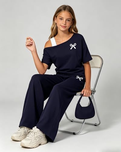 Image of Teen Girls Clothes Off the Shoulder Top and Wide Leg Pants Matching Outfit Set with Pockets Size 7-16