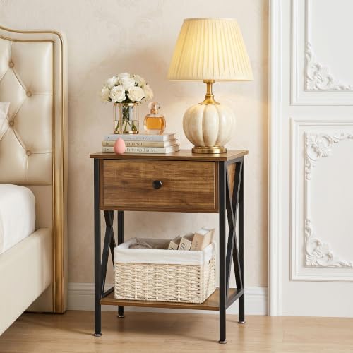 VECELO Nightstands Set of 2, Modern Bedside End Tables, Night Stands with Drawer and Storage Shelf for Living Room Bedroom, Industrial Metal Frame