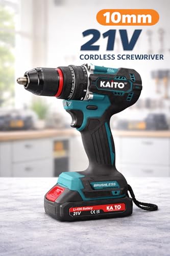Image of KAITO 10mm Cordless Drill Machine Kit | 21V Li-ion, 2 Batteries + Charger | 2000 RPM, 3-in-1 Drill /Driver /Hammer | Metal Chuck, High Torque | Wood, Metal & Wall Drilling Tool Set