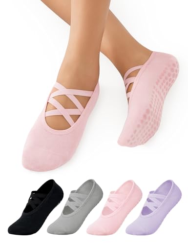 Lecieldusoir 4 Pairs Pilates Socks with Grips for Women Non Slip Grip Yoga Socks for Barre Dance Barefoot Workout