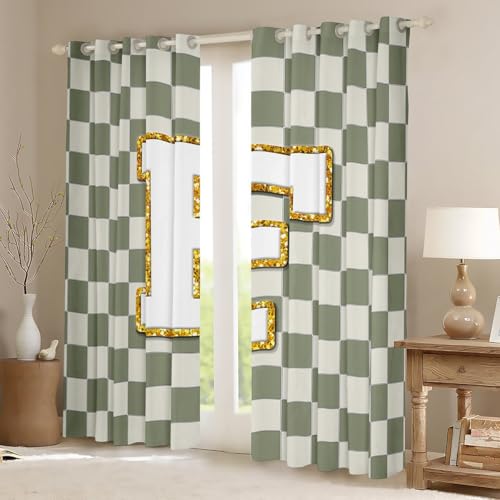 Image of Erosebridal Sage Green Checkered Window Drapes Plaid Initial F Blackout Curtains 38 inch Wx45 L Personalized Monogram Curtains for Bedroom Living Room,Grids Gingham Window Treatments 2 Panels