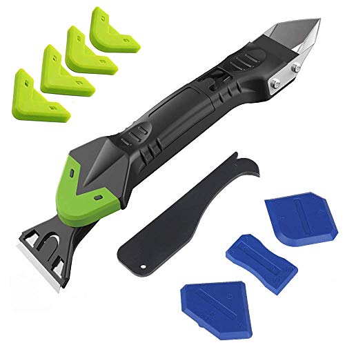 5 in 1 Caulking Tool Kit with 4 Silicone Caulk Finishing Tool Set, Glass Glue Angle Scraper, Caulk Remover and Sealant Scraper Set, Easy Caulk Removal Cleaner
