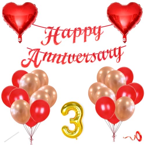 Image of Flyloons 3rd Happy Anniversary Decoration Items Red Rose Gold for Men Women Husband Wife Mom Dad Parent Couple Home Bedroom Car With 20 Pcs Metallic Balloons Anniversary Banner 2 Pcs Heart Set Kit