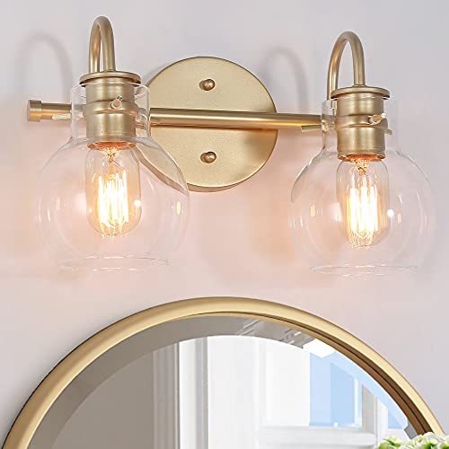 Image of KSANA 2-Light Vanity Light with Globe Clear Glass Shade, Gold Vanity Lights for Bathroom, Powder Room, 13 inch L x 7 inch W x 9 inch H