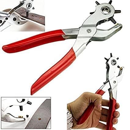 Image of Punch Hole Pliers: Metal Hand Tool with Revolving Heavy-Duty Puncher for Leather Craft, Belts, Watch Bands, Bags, Dog Collars and Fabric