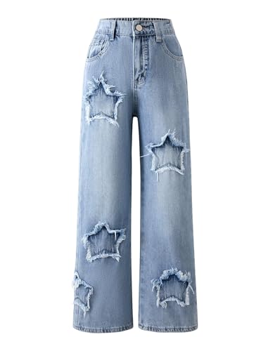 Image of Jeans for Girls Baggy Wide Leg Cute Bow High Elastic Waisted Denim Pants Y2K Boyfriend Skater Streetwear 7-14Y