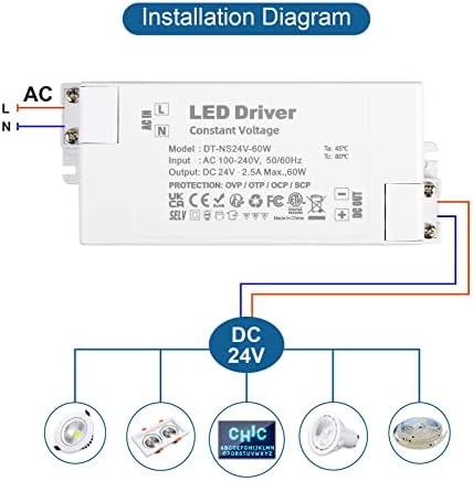 VARICART 24V LED Driver 60W LED Power Supply 2.5A, AC 240 to 24 Volt DC Transformer, Constant Voltage Switching PSU Adaptor, Low Voltage LED Transformers for LED Light Strip MR11 GU5.3 LED Bulbs