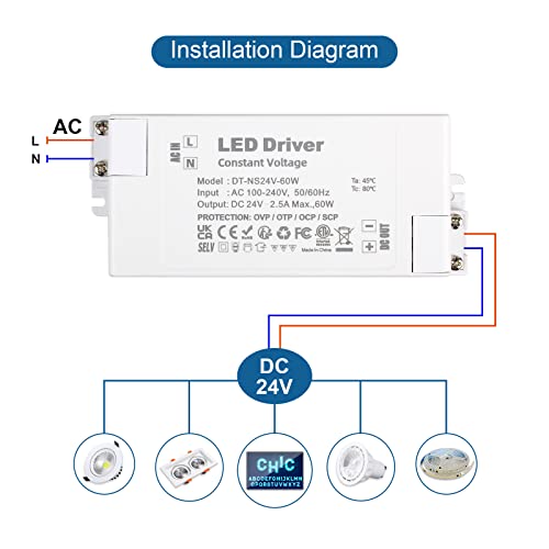 VARICART 24V LED Driver 60W Power Supply 2.5A, AC 240 to 24 Volt DC Transformer, Constant Voltage Switching PSU Adaptor for Light Strip MR11 GU5.3 Bulbs - Image 5