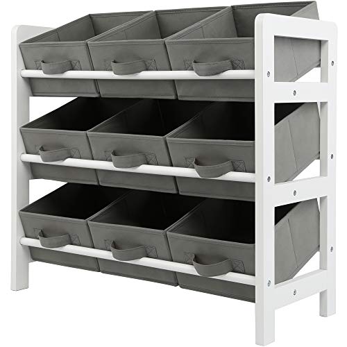Charles Jacobs 3 Tier Toy Storage Unit with 9 Fabric Boxes for Kids Bedroom (Grey)