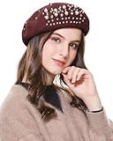 Classic French Wool Beret with Pearl & Rhinestone Embellishments, Beanie Cap Style Hat for Women and Girls (US, Alpha, One Size, Coffee)