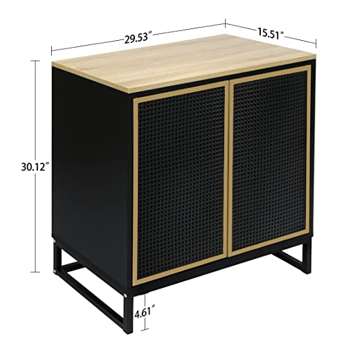 Cemkar Modern 2 Door Decorative Cabinet Storage Cabinet, Mid-Century Kitchen Buffet Sideboard With Rattan Iron Door And Adjustable Shelves, Modern Furniture Decor Gold+Black #TOP1