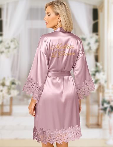 Image of EPLAZA Bride Robe for Wedding Day Set Bridal Robe Lace Trim Silky Embroidery Satin Kimono for Bridal Party