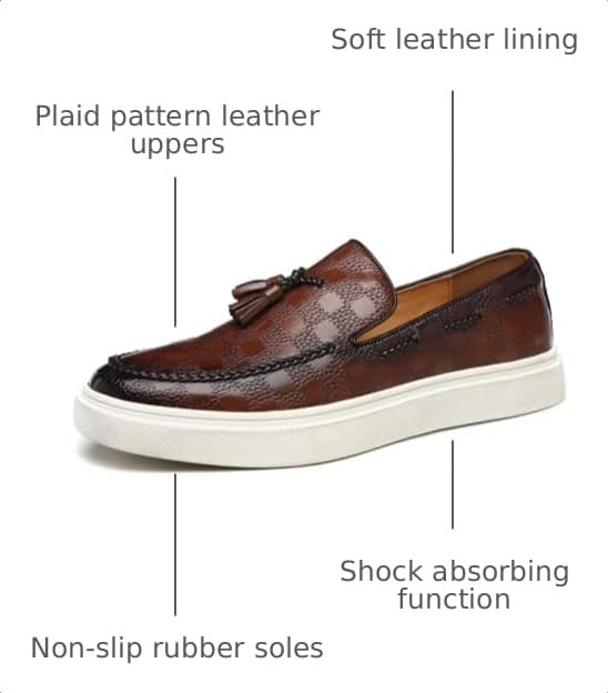 Image of Zeberfi Men's Plaid Pattern Leather Slip On Tassel Loafers Fashion Round Toe Low Top Non-Slip Luxury Business Casual Shoes