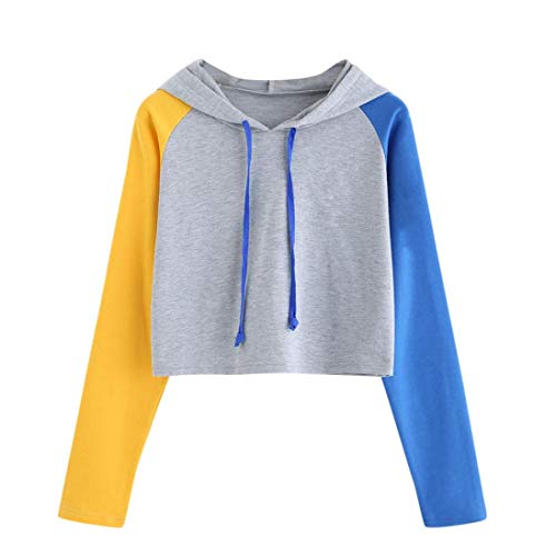 K-Youth Mujer Sudaderas Cortas, Patchwork Sudaderas Tumblr Mujer Cortas, Moda Otoño Invierno Mujer Sudaderas con Capucha Manga Larga Blusa Casual Adolescente Chica Tops(Gris, S)