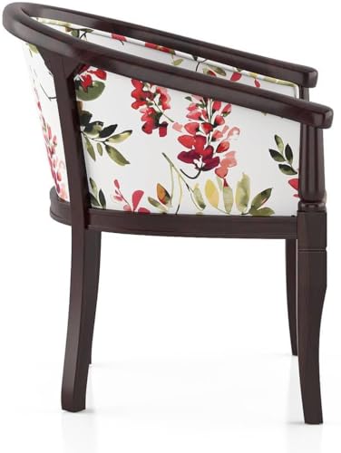 Image of Sheesham Wood Barrel Accent Chair with Floral Fabric Upholstery Handcrafted Wooden Lounge Chair with Comfortable Seat & Backrest for Living Room (Wooden Dark)