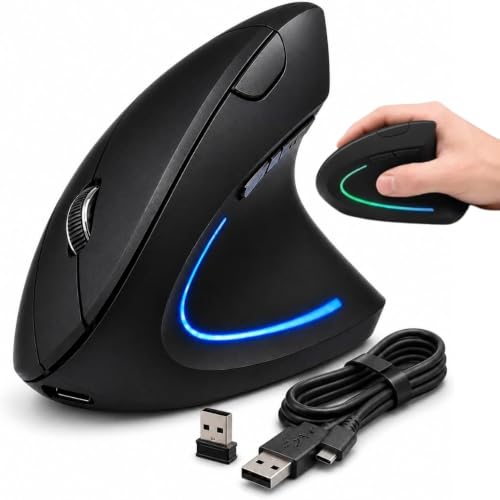 Mouse Ergonômico Vertical Sem Fio 2.4GHz com RGB e 6 Botões | Cliques Silenciosos, DPI Ajustável 800-2400, Plug & Play, Sensor Óptico, Compatível com PC e Mac