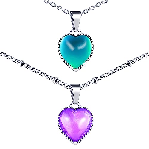 Image of MicVivien Heart Pendant Mood Necklace Changing Colour Women Girls Love Heart Necklaces with Bubble Chain/Anchor Chain Fashion Jewellery