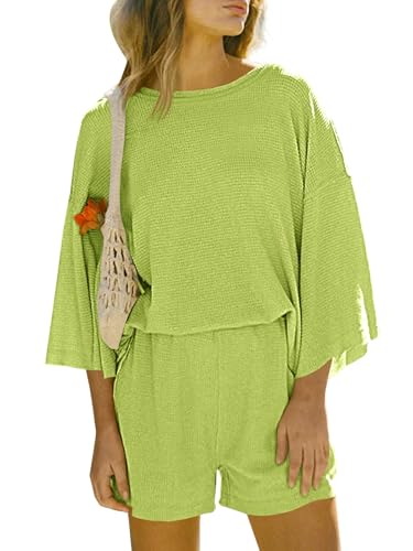 Tankaneo Womens Short Sets 2 Piece Outfits 3/4 Sleeve Tops and Elastic Waist Shorts Lounge Set Casual Loungewear