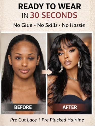Image of Beauty Forever 13x4 Lace Front Wig Human Hair Glueless Pre Plucked Pre Cut,Loose Wave Wig with Curtain Bangs for Black Women, Fluffy Natural Black Ready to Wear Drawstring Wig, 150% Density 22 Inch