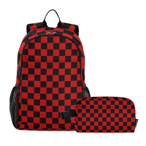 Nisza Kids School Backpack with Lunch Box, Black and Red Checkers Board Elementary BookBag Set for Girls Boy