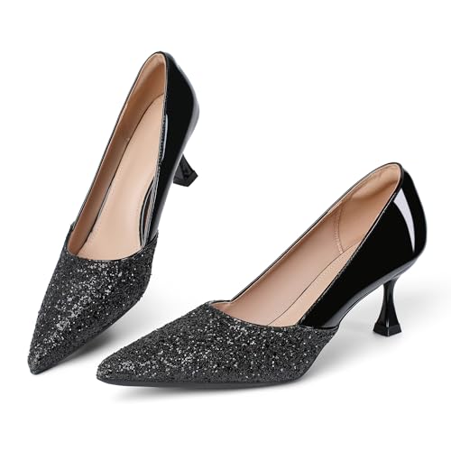 Women's Kitten High Heels 2 Inch Sequin Pointed Toe Leather Pumps Comfortable Slip On Wedding Party Dress Stilettos Shoes
