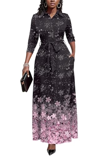Runwind Women Church Maxi Dresses 3/4 Sleeve Button Down Print Casual Office Dress African