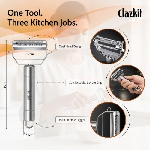 Image of Clazkit 2 in 1 Stainless Steel Julienne Peeler for Vegetables & Fruits | Multi Functional Vegetable Cutter, Slicer & Shredder for Potato, Carrot, Cucumber | Sharp Dual Blade Kitchen Peeler