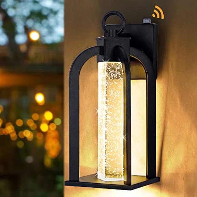 Dusk to Dawn LED Outdoor Wall Light, 14 Black Wall Lantern with Crystal Bubble Glass, Exterior Light Fixture with Photocell Sensor, IP65 Waterproof Anti Rust Outdoor Lighting for House, Garage, Porch