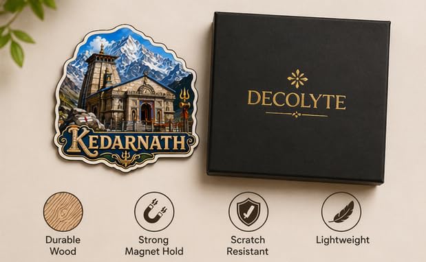 Image of Kedarnath Theme Wooden Fridge Magnet Souvenir | 3x3 in Kitchen Home Decor Gift