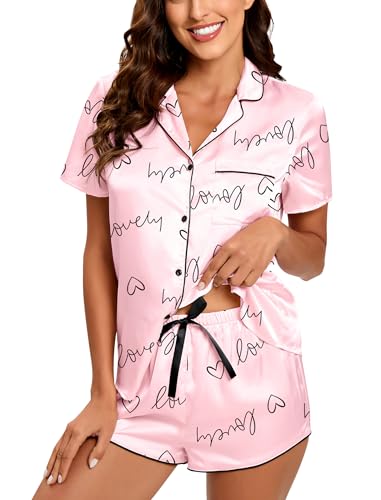 Image of Silk Pajamas for Women Satin Womens PJ Set 2 Piece Short Lounge Set Summer Sleepwear Notch Collar Button-Down Pjs