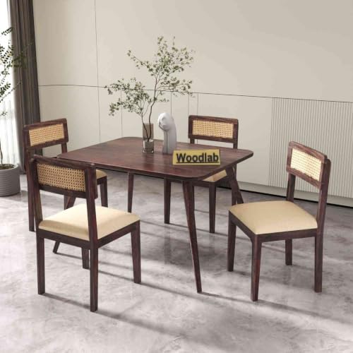 Image of WOODLAB Solid Sheesham Wood 4 Seater Dining Table Set | Wooden Four Seater Dining Table with Cushioned Cane Back Chairs Furniture for Living Room, Home, Hotel and Restaurants - Walnut Finish