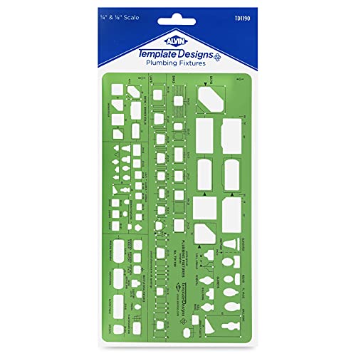ALVIN, TD1190, Plumbing Fixtures Template, Drawing and Drafting Tool for Artists, Architects, Design and Drafting, 1/4 and 1/8 Inches Scale