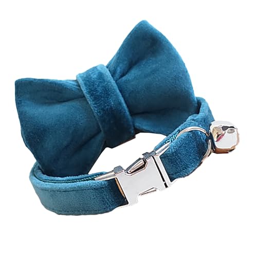 猫 首輪 ペット首輪 鈴付き 犬用首輪 猫用首輪 調節可能 可愛い 蝶結び付き セーフティバックル式 安全 超軽量 (サファイアグリーン)