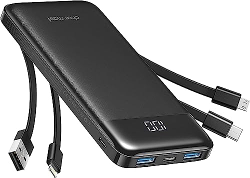 Charmast Power Bank 10000mAh con Cables Integrados, USB C Cargador Portátil 5V / 3A Powerbank Pantalla LED con 6 Salidas y 3 Entradas para iPhone Samsung Huawei Xiaomi