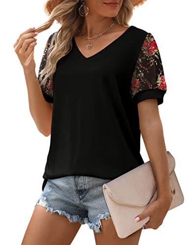 Image of Aokosor Womens Summer Tops V Neck T Shirts Swiss Dot Puff Sleeve Tops Loose Casual Tshirts
