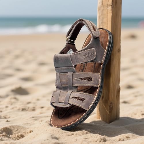 OKKO Mens Leather Sandals Open Toe Athletic Fisherman Sandal Casual Summer Outdoor Shoes for Men Grey, Size 94