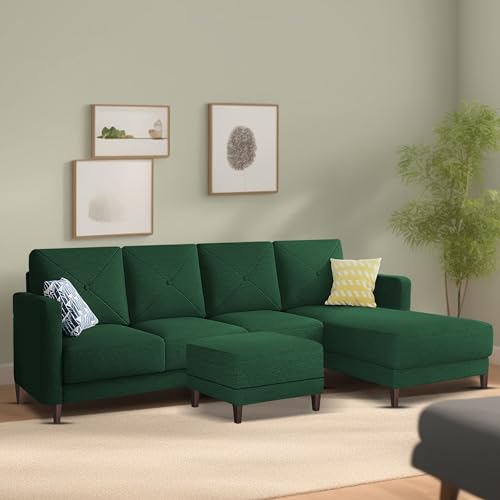 Image of Baloney RHS 6 Seater L Shape Sofa Set with Center Table for Living Room (Green Fabric) Premium Fabric Sofa