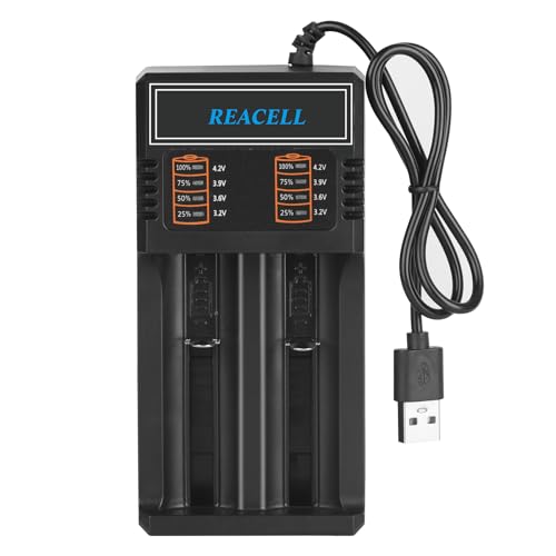 REACELL 18650 Battery Charger Universal Fast Dual Charge Battery Charger for 3.7V/3.6V Li-ion Rechargeable Batteries 18650 18500 18490 18350 17670 17500 16340(RCR123) 14500 26650 22650 with USB Cable