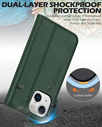 Shieldon Wallet Case For Iphone 13 Mini 5G, Genuine Leather Magnetic Cover Kickstand Rfid Blocking Credit Card Holder With Shockproof Case Compatible With Iphone 13 Mini (5.4" 2021) - Midnight Green #TOP5
