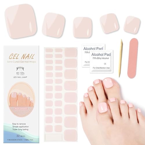 Ceboic 32Pcs Tiras de Gel Semicurado para Pies, Pegatinas Uñas de los Pies UV Cubierta Completa, Autoadhesivas Pegatinas Uñas Pies, Toenail Art Stickers Francesa para Mujeres y Niñas   Rosa Desnudo