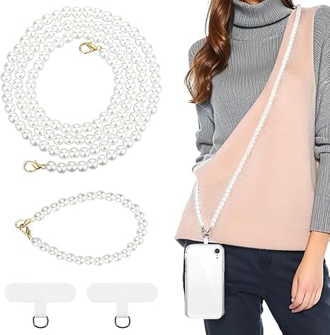 2pcs Pearl Phone Strap, Beaded Phone Chain Pearl Phone Lanyard Crossbody with Wrist Strap Lanyard, Cute CellPhone Lanyards for Women, Cellphone Chain Crossbody Straps Around Neck for Most Phones-image-18