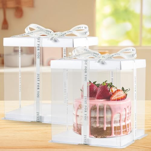 CHENZEM 8Pcs Tall Cake Boxes Clear Box with Ribbon, 8x8x9 inch, for 6" cajas para pasteles Tiered Cakes,Transport Gift Boxes for Wedding and Gift Display. (Cream, 8 * 8 * 9 inch/8pcs) by CHENZEM - Used condition - Image 2