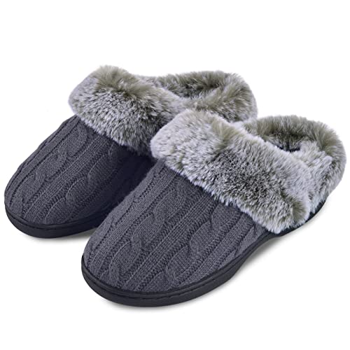 Parlovable Women's Fuzzy House Slippers Warm Soft Memory Foam Bedroom Shoes Slip on Cable Knit Rubber Sole Indoor