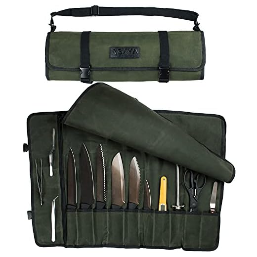 Asaya Canvas Chef Knife Roll Bag - 10 Knife Slots and a Large Zipper Pocket - Durable 10oz Canvas Knife Case with an Adjustable Shoulder Strap - Knives not Included (Forest Green)