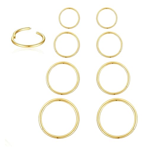 Surgical Stainless Steel 16G Septum rings Gold plated Hoop Nose Rings Daith earrings 6mm 8mm 10mm 12mm set Hinged Clicker Hoop Piercing Jewelry for Women Men(6-12mm 4pair 16G Gold)