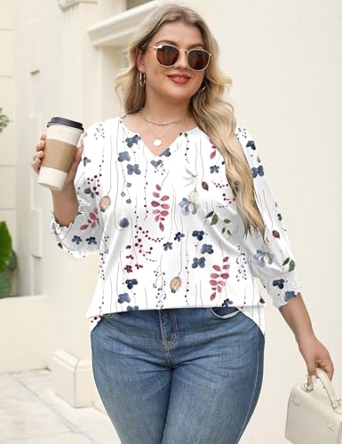 Rapbin Womens Plus Size Tops 3/4 Sleeve Blouses Shirts Casual V Neck Loose Tunic Tops 1X-5X
