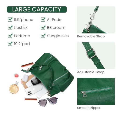 Image of HESHE Leather Crossbody Bags for Women Hobo Shoulder Bag Satchel Handbags | Genine Leather,2 Removable Straps,Multiple Zippers Pockets Hobo Bags Designer Travel Pocketbook Ladies Daily Work Tote Bag